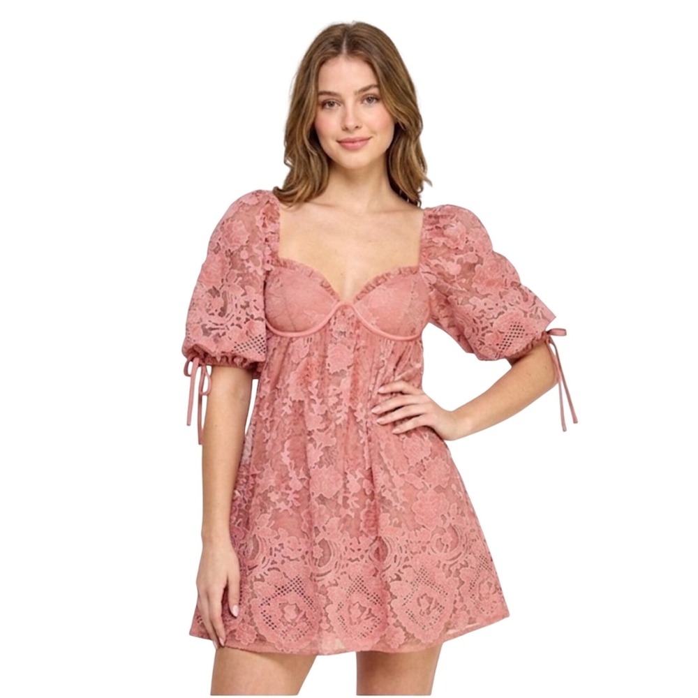 Seni & Cade Pink Floral Lace Puff Sleeve Babydoll Mini Dress 2748-HH8A Womens M